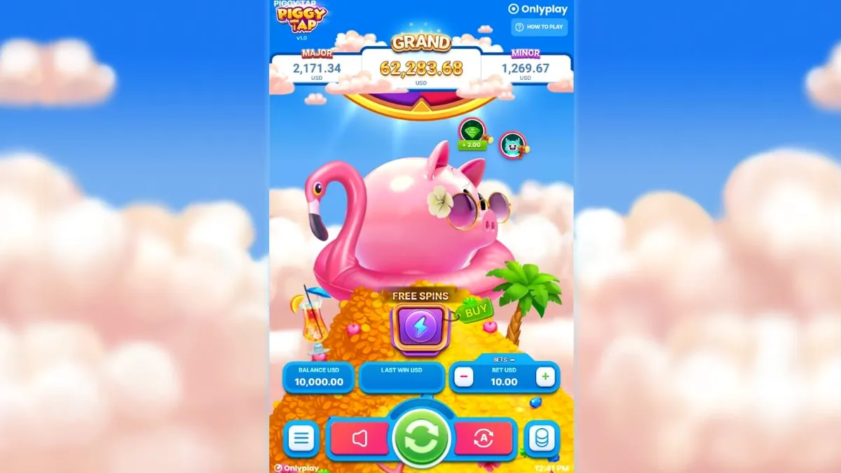 Porquinho estiloso em uma boia de flamingo no jogo Piggy Tap